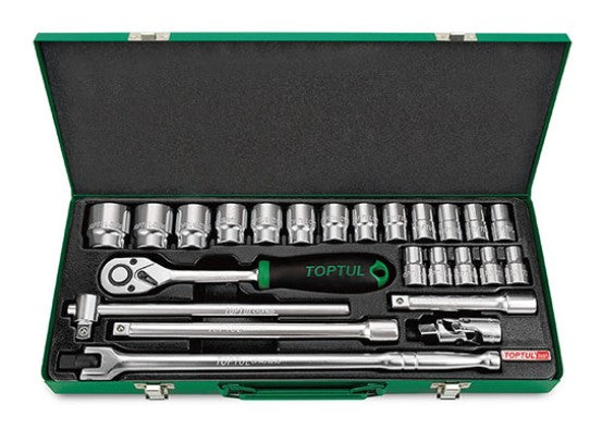 Socket Wrench Set, Chrome, 1/2" Dr, 12 Point, 24 Pc