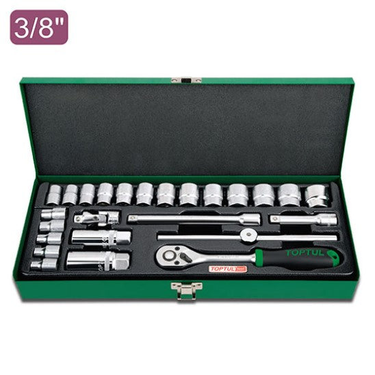 Socket Wrench Set, Chrome, 3/8" Dr, 6 Point, 25 Pc